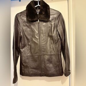 Vintage Genuine Chocolate Brown Leather Jacket w/ Faux Fur Collar – Size S